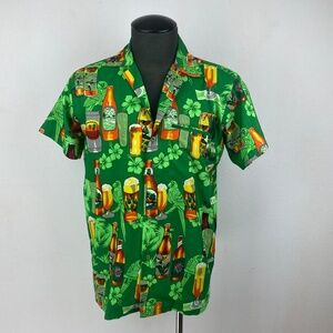 Tropical Tiki Bar Shirt Mens Medium Bright Green Beer Pattern Pocket Silky Party